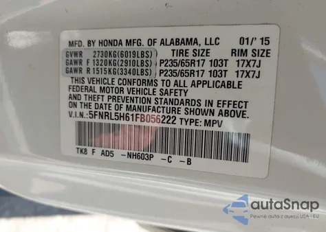 2015 Honda Odyssey Ex-L from USA, damaged, VIN 5FNRL5H61FB056222